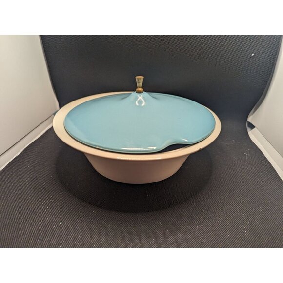 Vintage MCM bowl with lid serving soup teal blue lid 9.25 inch bowl - Picture 2 of 9
